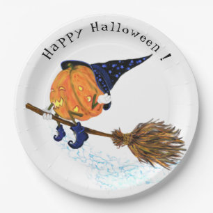 Happy Halloween Witch Pumpkin Flying Broom - Funny Paper Plate