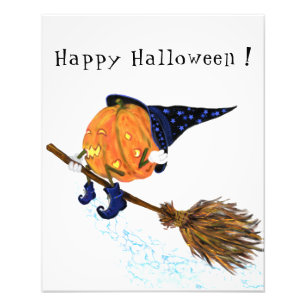 Happy Halloween Witch Pumpkin Flying Broom - Funny Photo Print