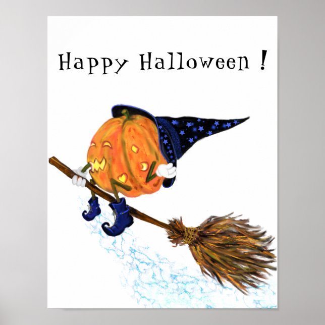 Happy Halloween Witch Pumpkin Flying Broom - Funny Poster (Front)