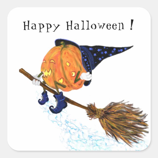 Happy Halloween Witch Pumpkin Flying Broom - Funny Square Sticker (Front)