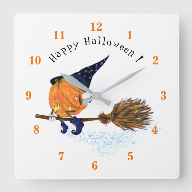Happy Halloween Witch Pumpkin Flying Broom - Funny Square Wall Clock (Front)