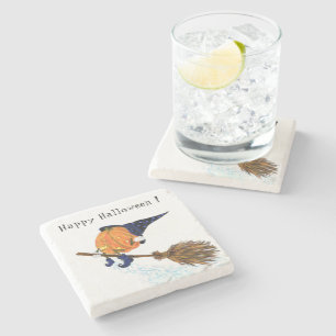 Happy Halloween Witch Pumpkin Flying Broom - Funny Stone Coaster