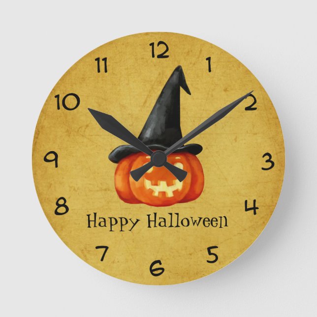 Happy Halloween Witch Pumpkin Round Clock (Front)