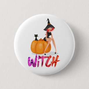 Happy Halloween Witch Setting on Pumpkin 6 Cm Round Badge