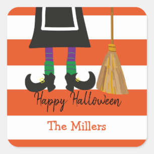 Happy Halloween Witch Stripes Square Sticker