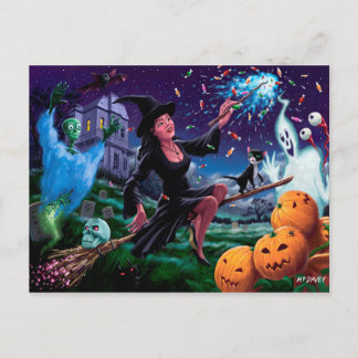 Happy Halloween Witch With Graveyard Friends Postcard