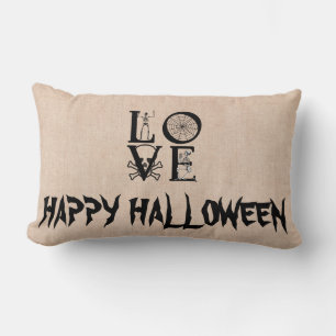 Happy Halloween Witch with her Broom Burlap Throw Lumbar Cushion