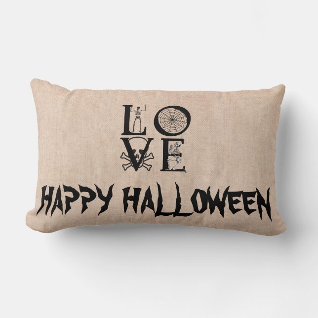 Happy Halloween Witch with her Broom Burlap Throw Lumbar Cushion (Front)