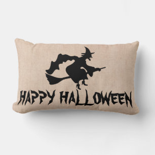Happy Halloween Witch with her Broom Burlap Throw Lumbar Cushion