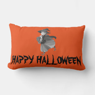 Happy Halloween Witch with her Broom Orange Throw Lumbar Cushion