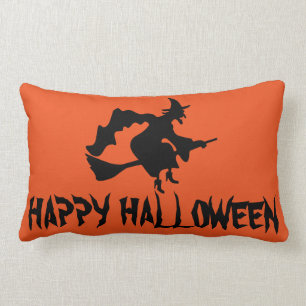 Happy Halloween Witch with her Broom Orange Throw Lumbar Cushion