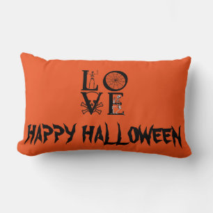 Happy Halloween Witch with her Broom Orange Throw Lumbar Cushion