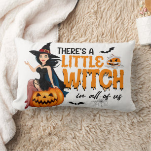 Happy Halloween Witch with her Broom Orange Throw Lumbar Cushion