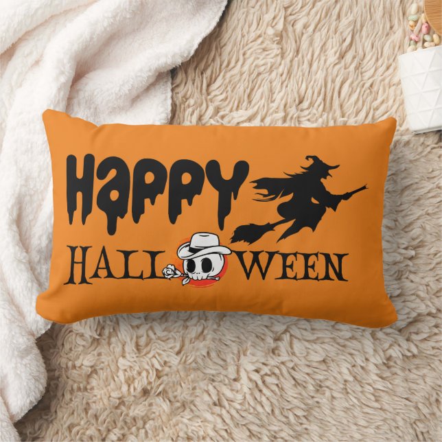 Happy Halloween Witch with her Broom Orange Throw Lumbar Cushion (Blanket)
