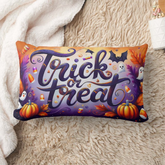 Happy Halloween Witch with her Broom Orange Throw Lumbar Cushion (Blanket)