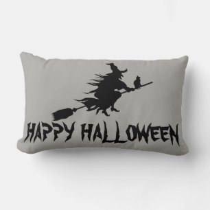 Happy Halloween Witch with her Broom Orange Throw Lumbar Cushion