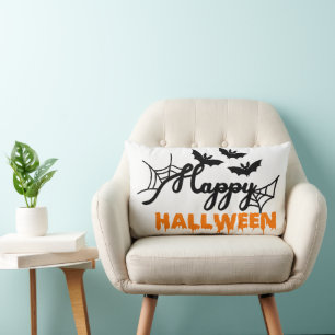 Happy Halloween Witch with her Broom Orange Throw Lumbar Cushion