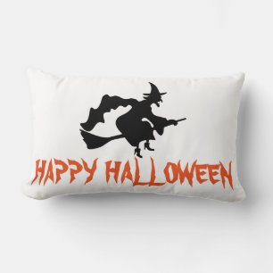Happy Halloween Witch with her Broom White Throw Lumbar Cushion