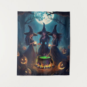 Happy Halloween Witches Brew Under Full Moon Tapestry