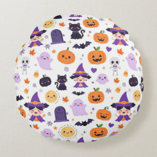 Happy Halloween Witches Ghosts Cats Bats Pumpkins Round Cushion