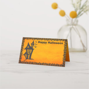 Happy Halloween Witches Haunted House Place Card