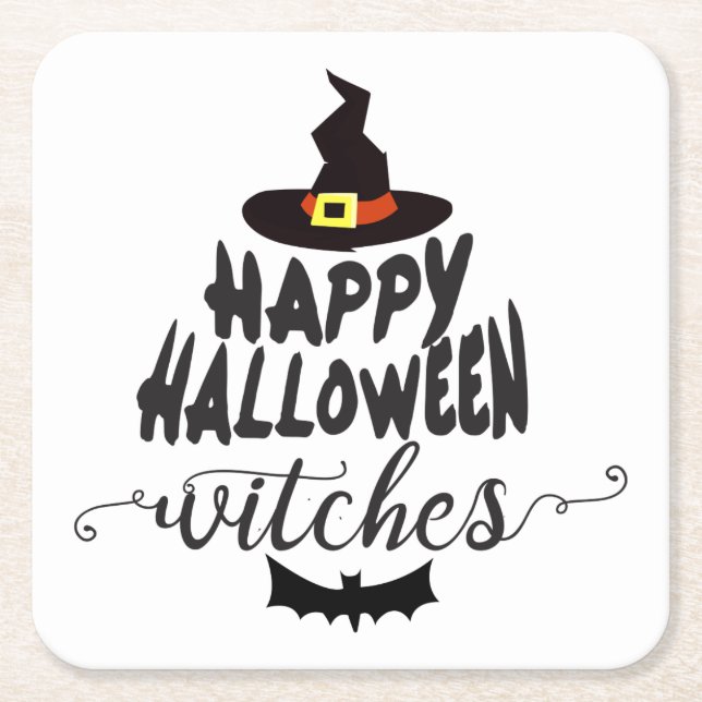 Happy Halloween Witches Typography Halloween Square Paper Coaster (Front)