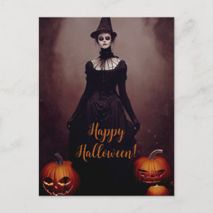 Happy Halloween with a witch in Gothic dress. Postcard