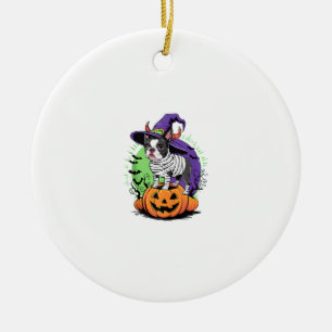 Happy Halloween with Boston Terrier Mummy & Witch Ceramic Ornament