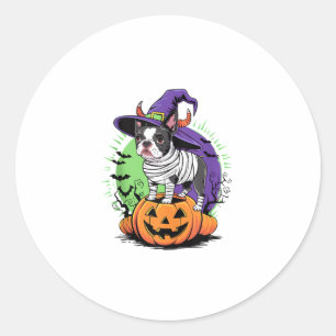 Happy Halloween with Boston Terrier Mummy & Witch  Classic Round Sticker