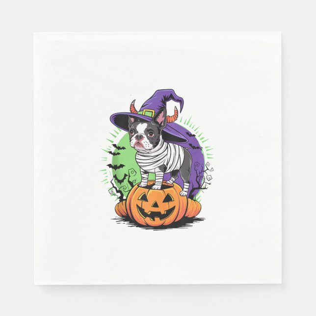 Happy Halloween with Boston Terrier Mummy & Witch  Napkin (Front)