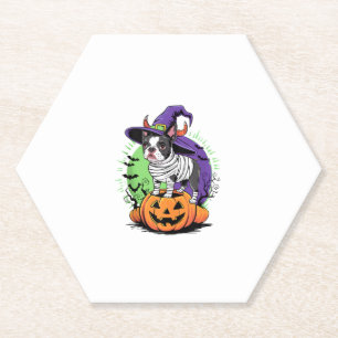Happy Halloween with Boston Terrier Mummy & Witch Paper Coaster