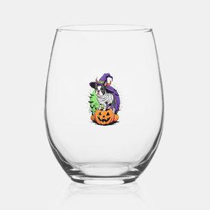 Happy Halloween with Boston Terrier Mummy & Witch  Stemless Wine Glass