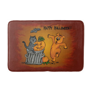 Happy Halloween with Cat Bat Dog and Spider Bath Mat