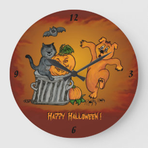 Happy Halloween with Cat Bat Dog and Spider Large Clock