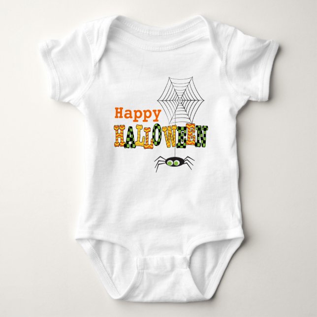 Happy Halloween With Cute Spider & Web Baby Bodysuit (Front)
