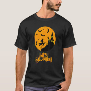Happy Halloween With Flying Witch And Bats T-Shirt