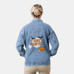 Happy Halloween with pumpkins, bats and ghost Denim Jacket