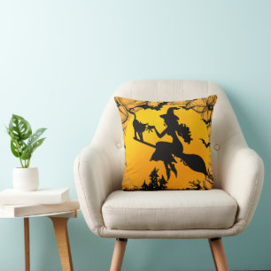 Happy Halloween with witch and black cat Cushion