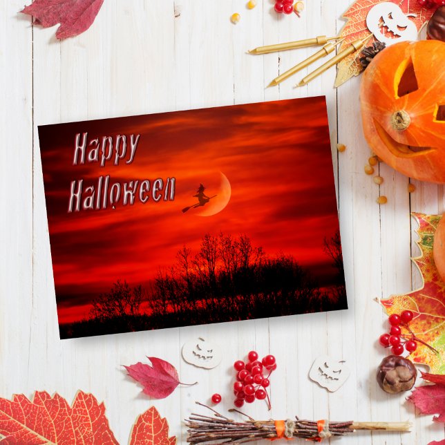 Happy Halloween With Witch And Moon Postcard (Send to your family and friends a spooky note!)
