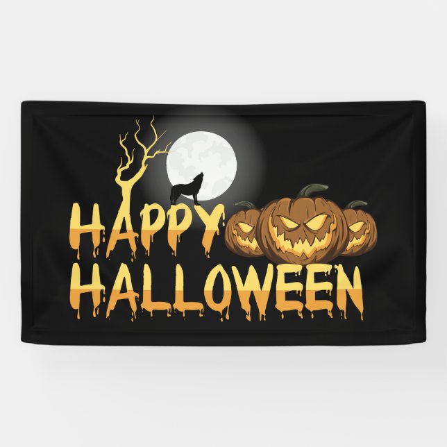 Happy Halloween Wolf and Jack-O-Lanterns  Banner (Horizontal)