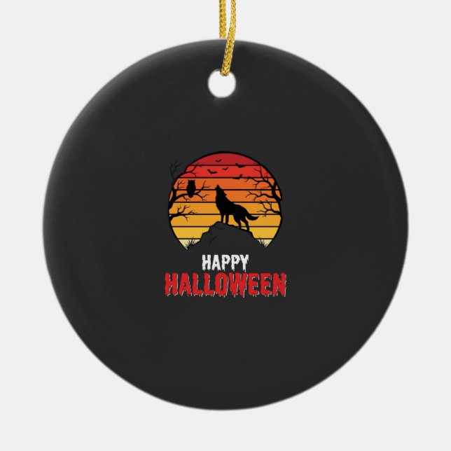 Happy Halloween Wolf Sunset Vector Ceramic Ornament (Front)