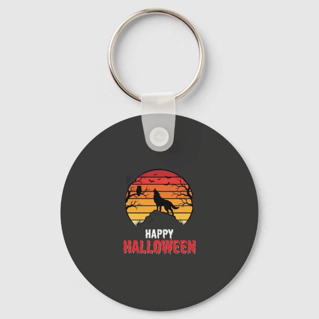 Happy Halloween Wolf Sunset Vector Key Ring (Front)
