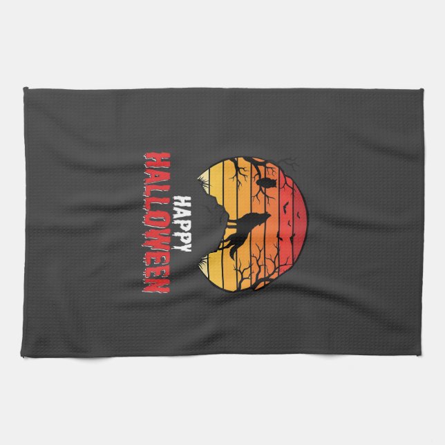 Happy Halloween Wolf Sunset Vector Tea Towel (Horizontal)