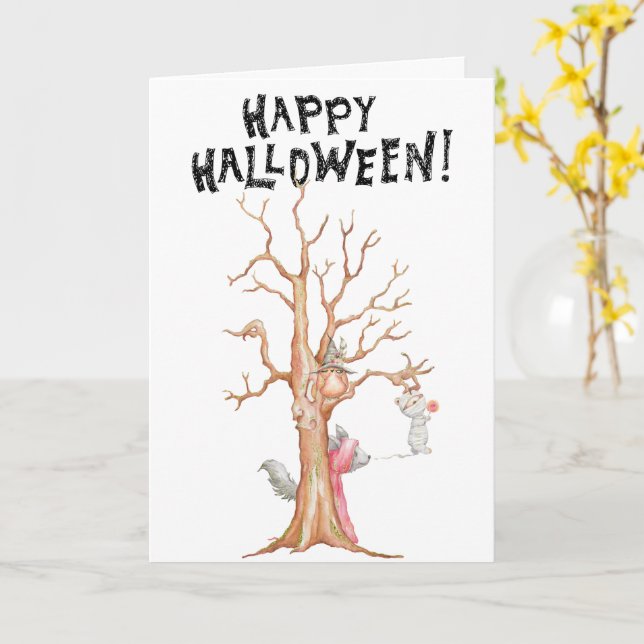 Happy Halloween Woodland Animals Greeting Card (Yellow Flower)