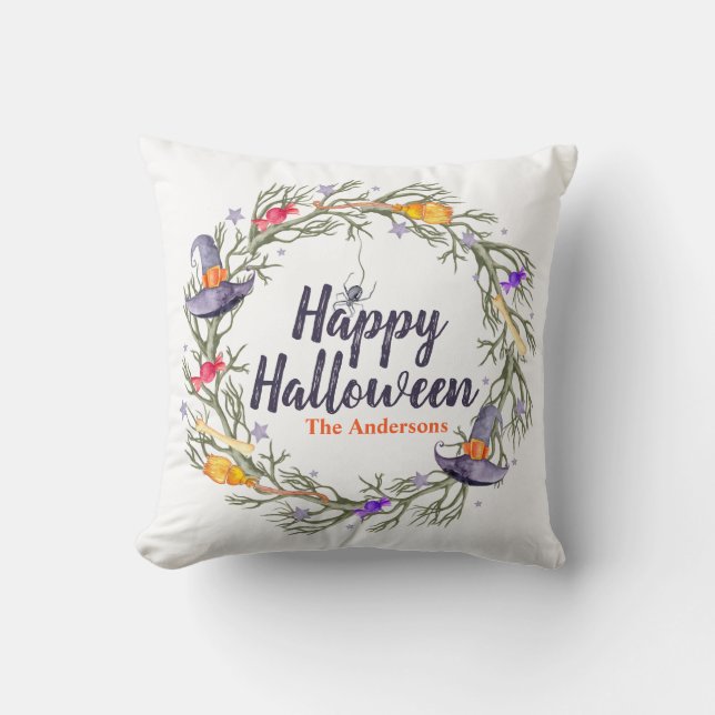 Happy Halloween Wreath Personalised | Throw Pillow (Front)