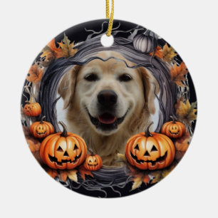 Happy Halloween Wreath With Pumpkins Custom Photo Ceramic Ornament
