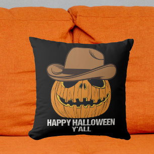 Happy Halloween Y'all Funny Cowboy Jack O Lantern Cushion