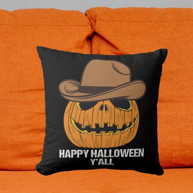 Happy Halloween Y'all Funny Cowboy Jack O Lantern Cushion (Creator Uploaded)