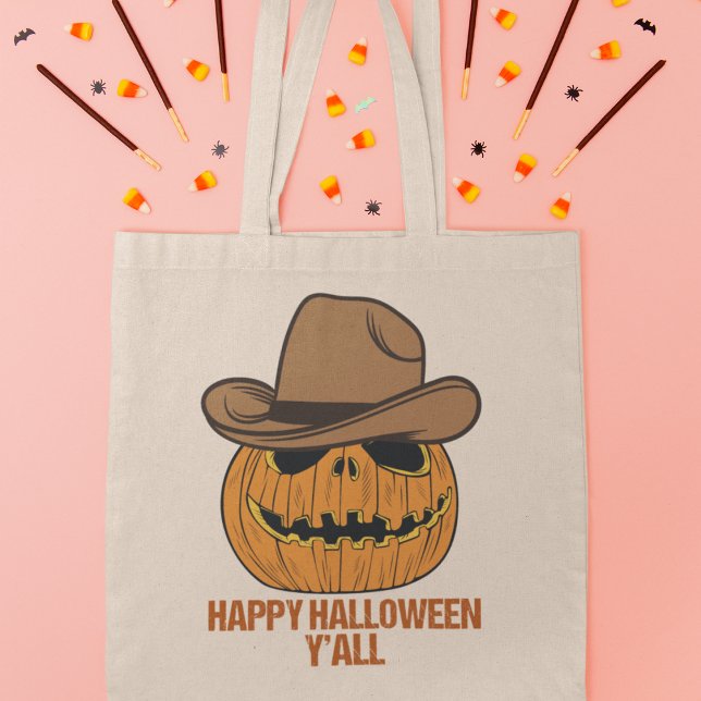 Happy Halloween Y'all Funny Cowboy Jack O Lantern Tote Bag (Creator Uploaded)