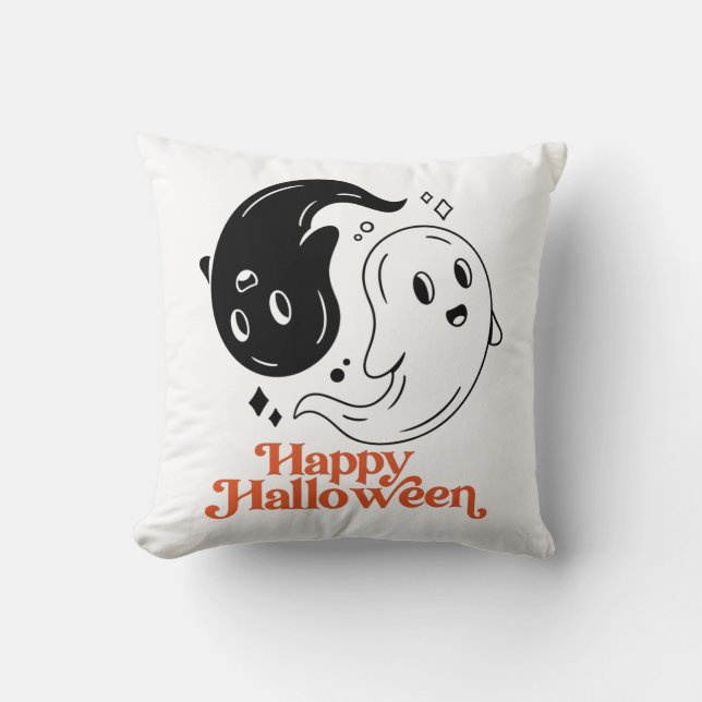Happy Halloween Yin and Yang Black and White Ghost Cushion (Front)